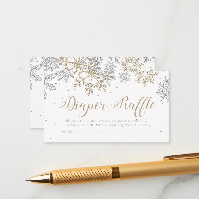 Snowflake Diaper Raffle Silver Gold Glitter Enclosure Card (Front/Back In Situ)