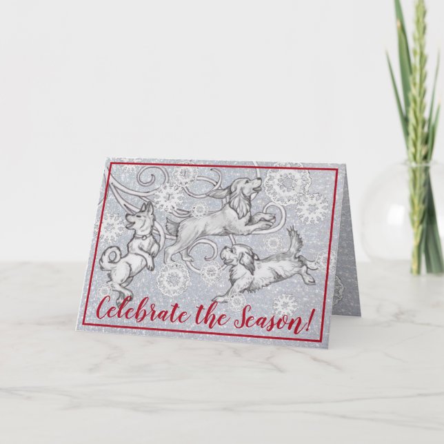 Snowflake Dogs & Silver Glitter Elegant Christmas Holiday Card (Front)