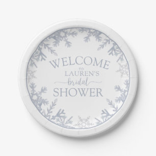Snowflake Dusty Blue Modern Winter Bridal Shower Paper Plate