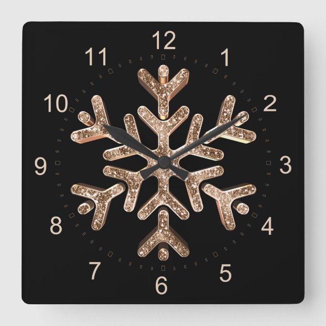 Snowflake Elegant Black and Gold Christmas Square Wall Clock (Front)