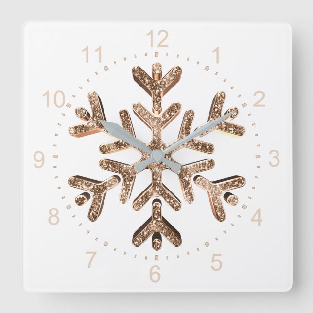 Snowflake Elegant Gold and White Christmas Square Wall Clock (Front)