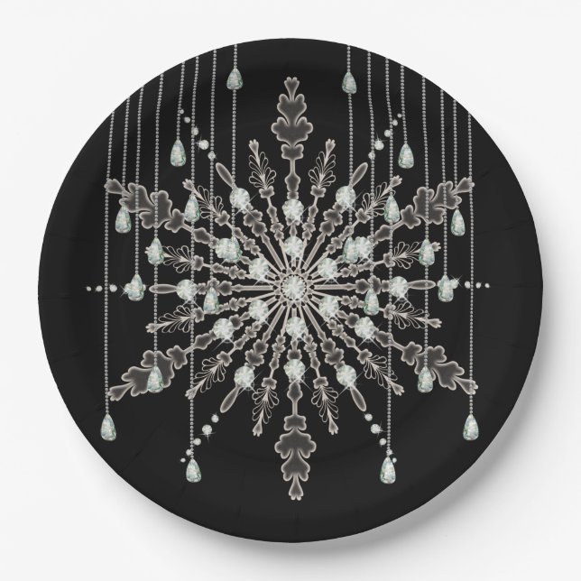 Snowflake elegant jewel look winter black grey paper plate (Front)