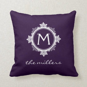 Snowflake Family Monogram in Dark Purple & White Throw Pillow