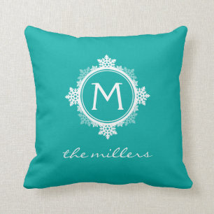 Snowflake Family Monogram in Teal Blue & White Throw Pillow