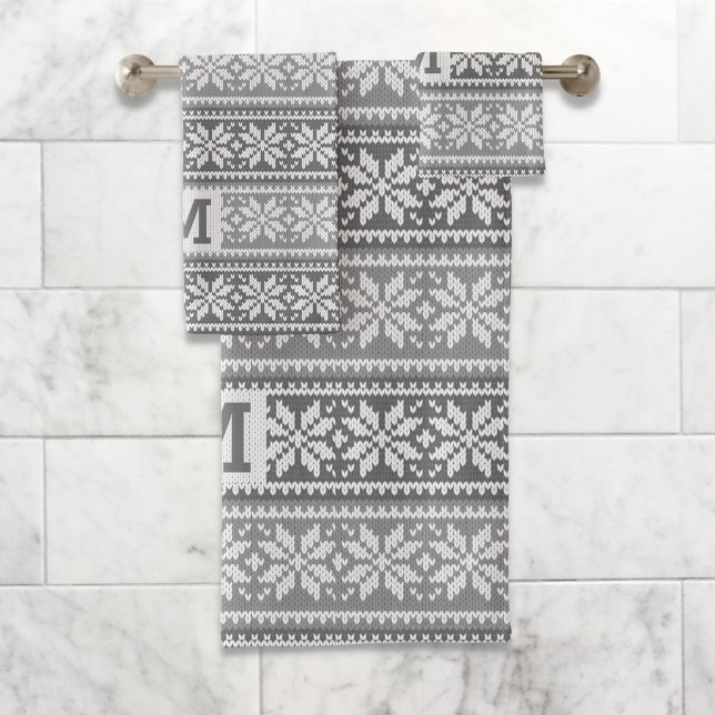 Snowflake Faux Knit Sweater Pattern Monogram Grey Bath Towel Set (Creator Uploaded)