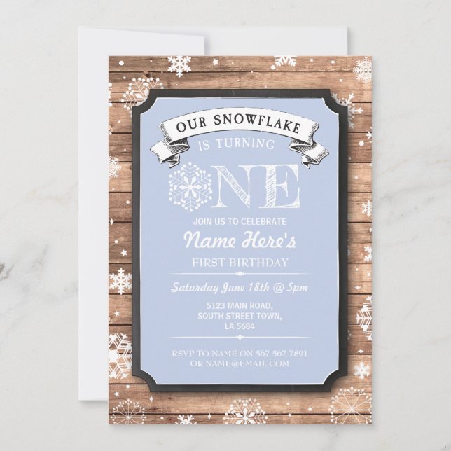 Snowflake First Birthday Blue Wood Winter Invite (Front)