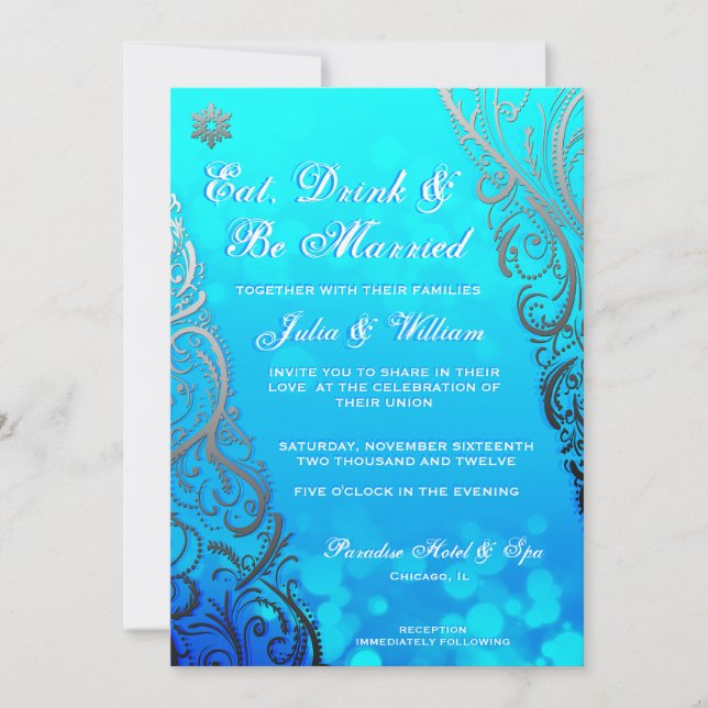 Snowflake Flourishes & Bokeh Winter Wedding Invite (Front)