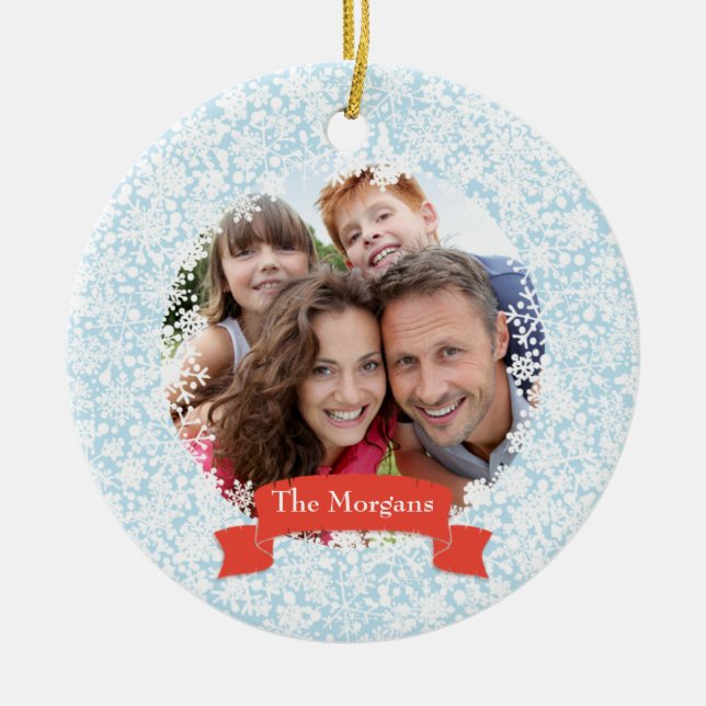 Snowflake Frame Holiday Family Photo Ornament (Front)