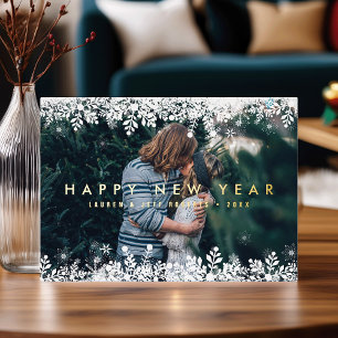 Snowflake Frame Modern New Year Photo Foil Holiday Card