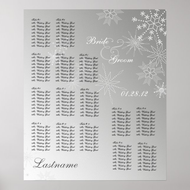 Snowflake Gem Silver Wedding Seating Chart (Front)