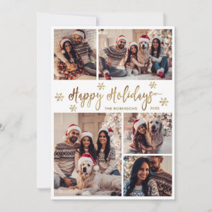 Snowflake Gold and White 5 Photo Collage Christmas Holiday Card