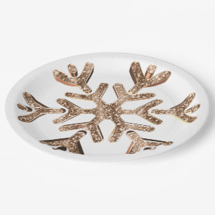 Snowflake Gold and White Festive Faux Glitter Paper Plate