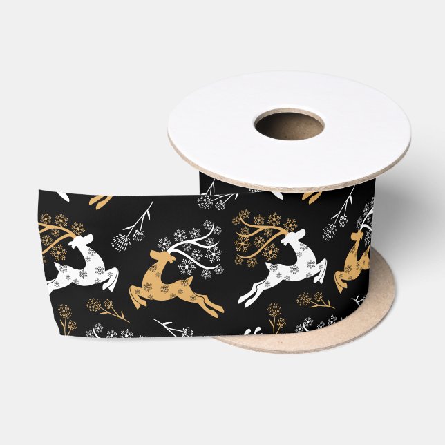 Snowflake Gold White Reindeer Christmas Black Satin Ribbon (Spool)