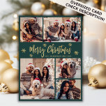Snowflake Green and Gold 5 Photo Collage Christmas Holiday Card<br><div class="desc">Modern Simple Elegant Calligraphy Green and Gold Snowflakes 5 Photo Collage Merry Christmas Script Holiday Card. PLEASE NOTE, THESE 6.5" X 8.75" SIZE CARDS ARE LARGER THAN AVERAGE, DUE TO THE LARGER CARD SIZE, IT'S ALMOST CERTAIN THAT THE POSTAGE COSTS WILL BE HIGHER. IF YOU PREFER THE STANDARD 5X7" SIZE,...</div>