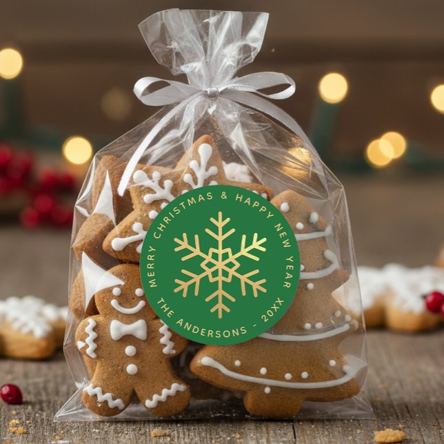 Snowflake Green & Faux Gold Foil Elegant Christmas Classic Round Sticker (Creator Uploaded)