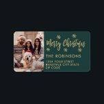 Snowflake Green Photo Christmas Return Address Label<br><div class="desc">Modern Green and Gold Snowflake Photo Merry Christmas Script Holiday Christmas Return Address Labels. Features a „Merry Christmas” script,  one family photo,  snowflakes on green background. Great for Christmas holiday season,  easy to personalize them with your names and return address info.</div>