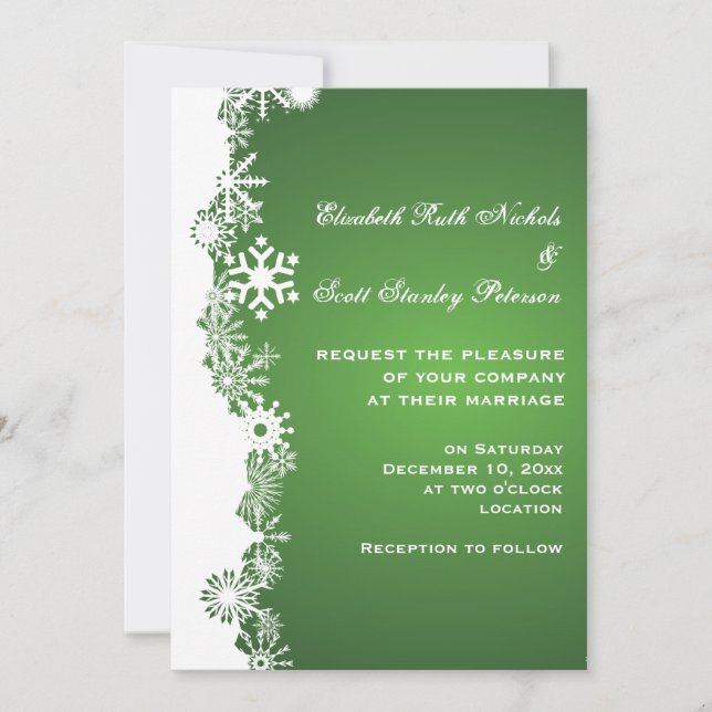 Snowflake green white winter wedding invitation (Front)