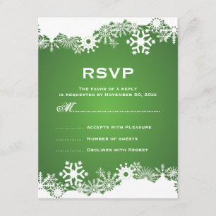 Snowflake green white winter wedding RSVP Card