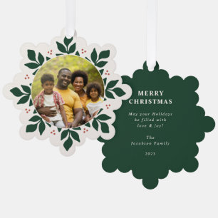 Snowflake Greenery Frame Holiday Photo Ornament Card