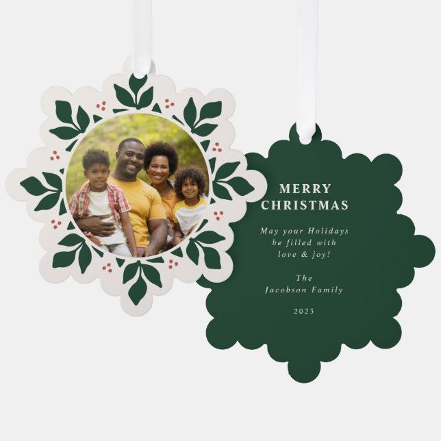 Snowflake Greenery Frame Holiday Photo Ornament Card (Front/Back)