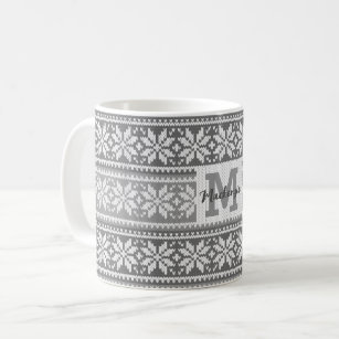 Snowflake Grey Nordic Faux Knit Sweater Monogram Coffee Mug