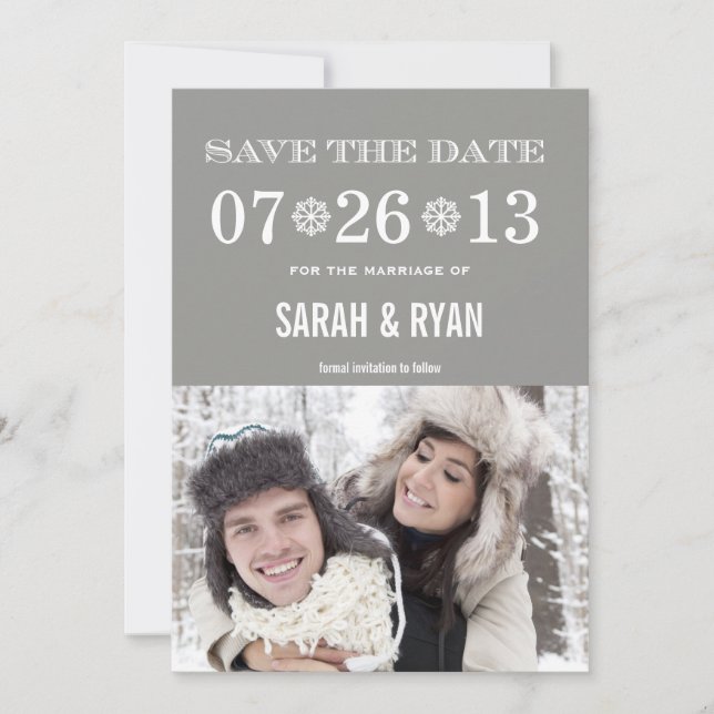 Snowflake Grey Save the Date Photo Invitations (Front)