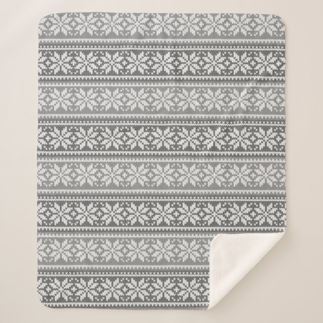 Snowflake Grey White Faux Knit Sweater Pattern Sherpa Blanket (Front)