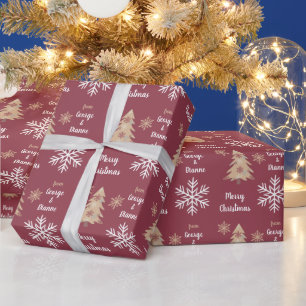 Snowflake Holiday Tree Pattern on Maroon Wrapping Paper