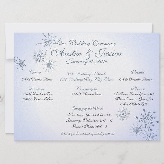 Snowflake Ice Blue Wedding Program (Front)