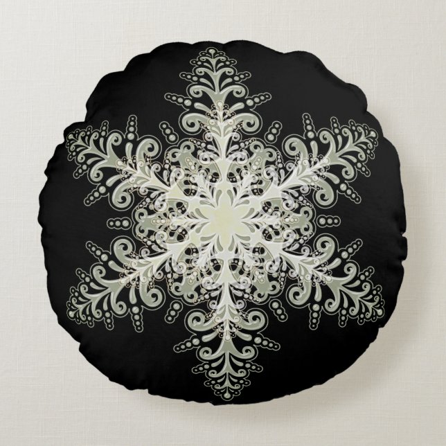 Snowflake ice lace winter white and black elegant round pillow (Front)