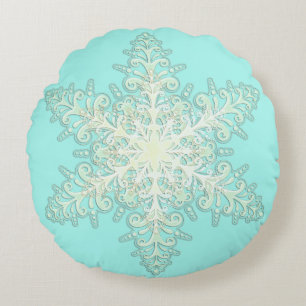Snowflake icy lace winter white and teal elegant round pillow