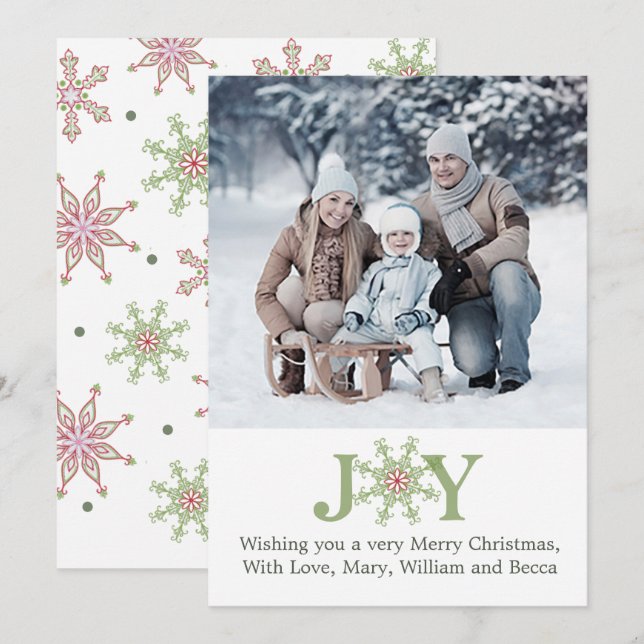 Snowflake Joy Christmas Photo Card Cute 1 Photo (Front/Back)