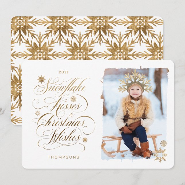 Snowflake Kiss Christmas Wishes Gold Script Photo Holiday Card (Front/Back)
