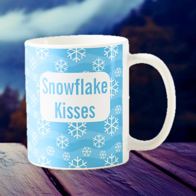 Snowflake kisses blue winter holiday mug (Blue and White Snowflake Mug)