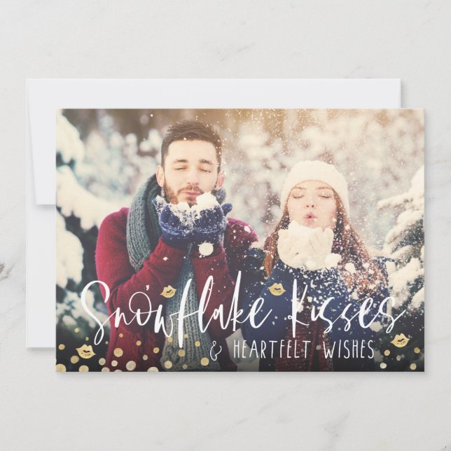 Snowflake Kisses & Heartfelt Wishes | Family Photo Holiday Card (Front)