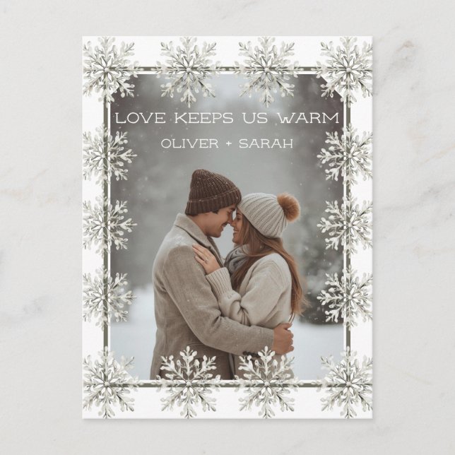 Snowflake Love keeps us warm couple photo Holiday Postcard (Front)