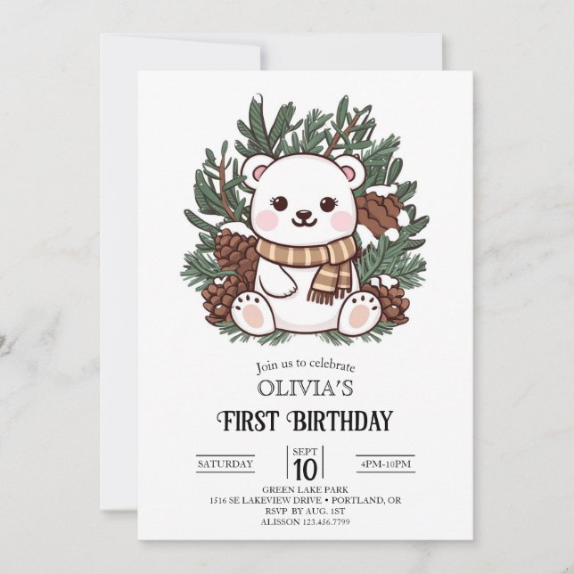 Snowflake Magic Polar Bear 1st Birthday Digital Invitation (Front)
