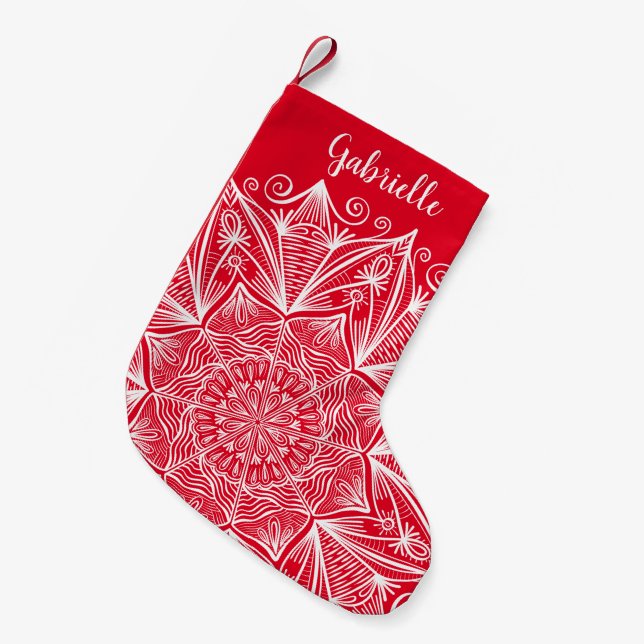 Snowflake Mandala Calligraphy Name Red and White Small Christmas Stocking (Front (Hanging))