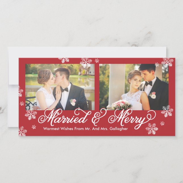 Snowflake Married and Merry 2-Photo Holiday Card (Front)