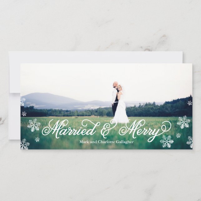 Snowflake Married and Merry Full Bleed Holiday Card (Front)