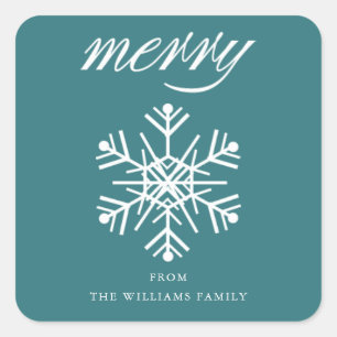 Snowflake Merry Christmas Blue Square Sticker