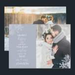 Snowflake Merry Kisses Warm Wishes 2 Photo Holiday Card<br><div class="desc">Celebrate your first holiday season as newlyweds with our elegant Snowflake Merry Kisses Warm Wishes 2 Photo Holiday Card Christmas card. Featuring a stunning wedding photo accented by delicate icy blue snowflakes, this card reads "merry kisses and warm holiday wishes from the new mr and mrs, " and is personalized...</div>