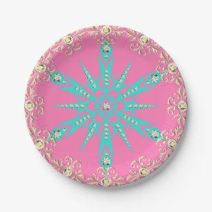 Snowflake mid century turquoise pink vintage  paper plate