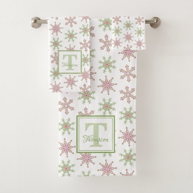 Snowflake Monogram Colourful Modern Holiday Bath Towel Set (Insitu)