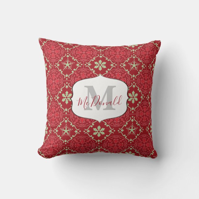 Snowflake Monogram Elegant Red Winter Personalized Throw Pillow (Front)