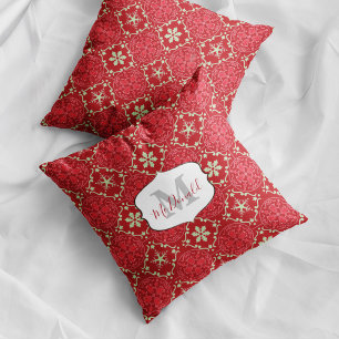 Snowflake Monogram Elegant Red Winter Personalized Throw Pillow