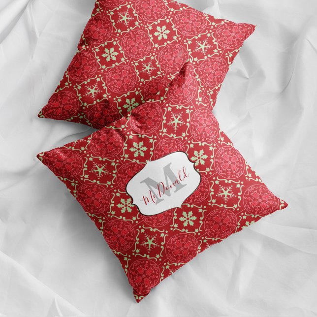 Snowflake Monogram Elegant Red Winter Personalized Throw Pillow (Red Christmas snowflake monogram pillow with personalized name festive holiday decor accent.)