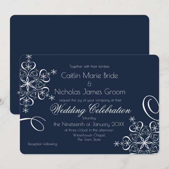 Snowflake Navy Blue Elegance Winter Wedding Invitation (Front/Back)