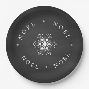 Snowflake Noel on Black Chalkboard Look Paper Plate