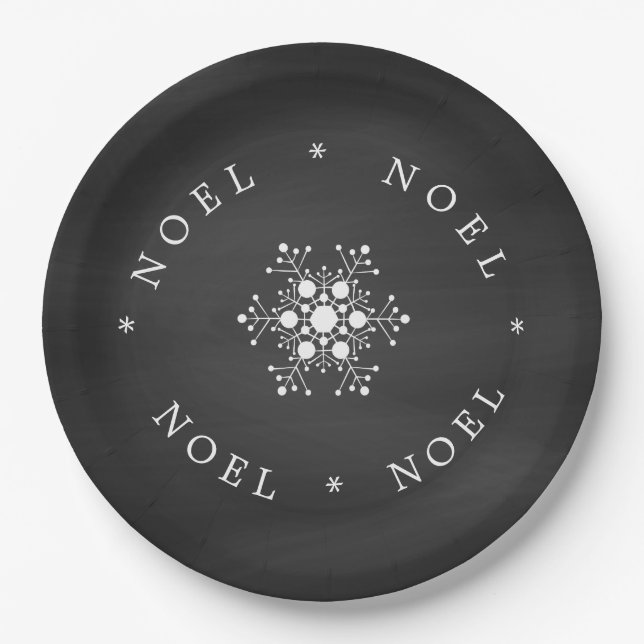 Snowflake Noel on Black Chalkboard Look Paper Plate (Front)